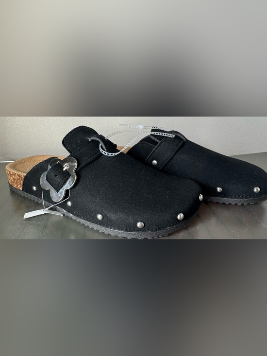 Shoes - Black Studded Slip-On Clog Mule with Decorative flower Buckle adjustable sz 7